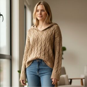 Chunky Cable Knit Tunic Hooded Women's Sweater Sz Med Brown Gilmore‎ Girls